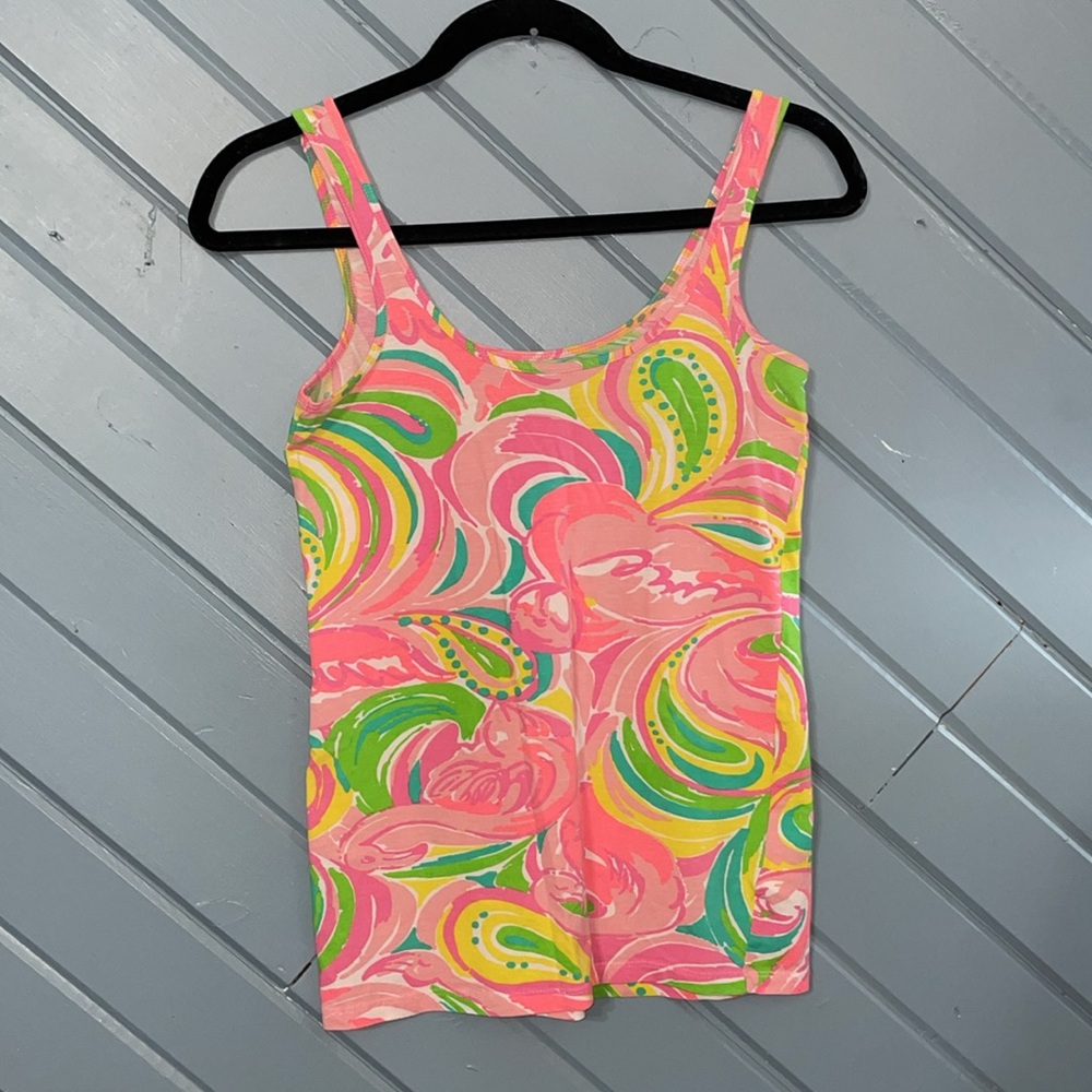 Lilly Pulitzer Tabbie Pink Flamingo Green Paisley Tank Top